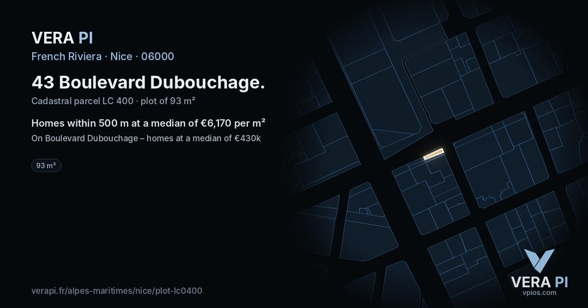 43 Boulevard Dubouchage, Nice at night – the plot lit, the parcels around coloured by the prices near them