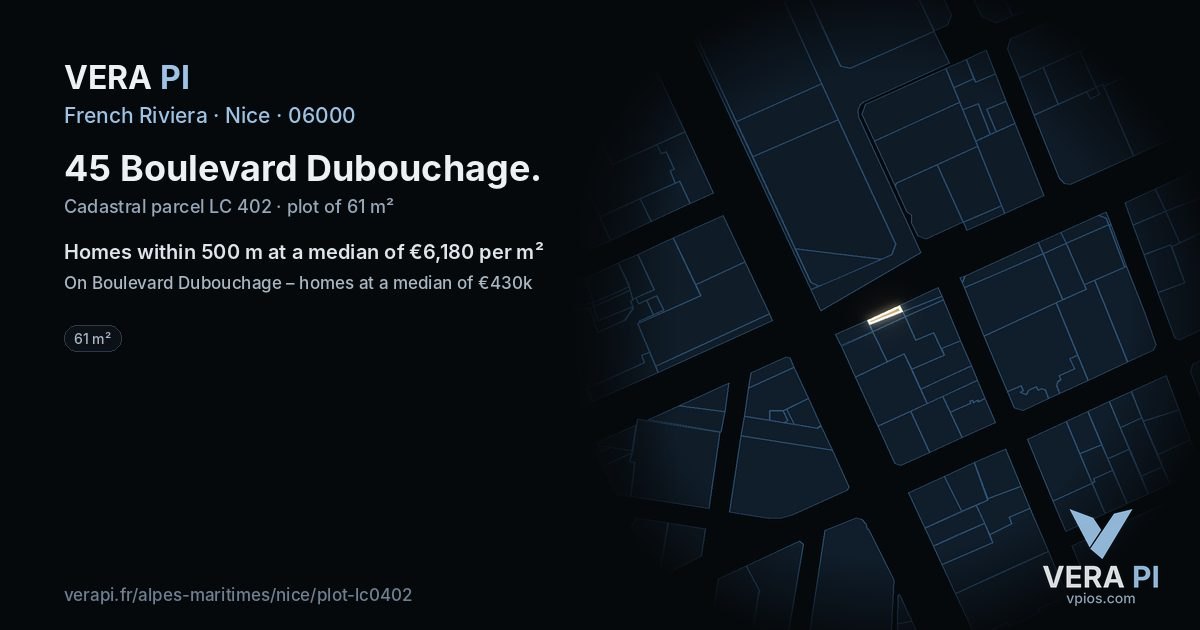 45 Boulevard Dubouchage, Nice at night – the plot lit, the parcels around coloured by the prices near them