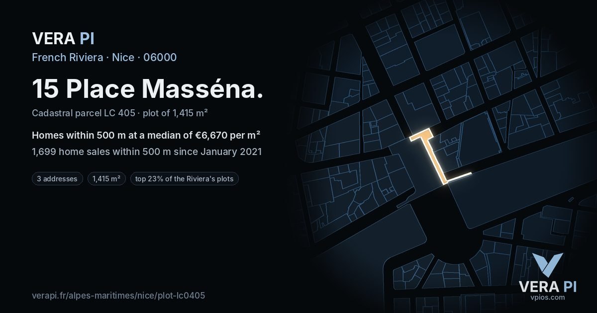 15 Place Masséna, Nice at night – the plot lit, the parcels around coloured by the prices near them