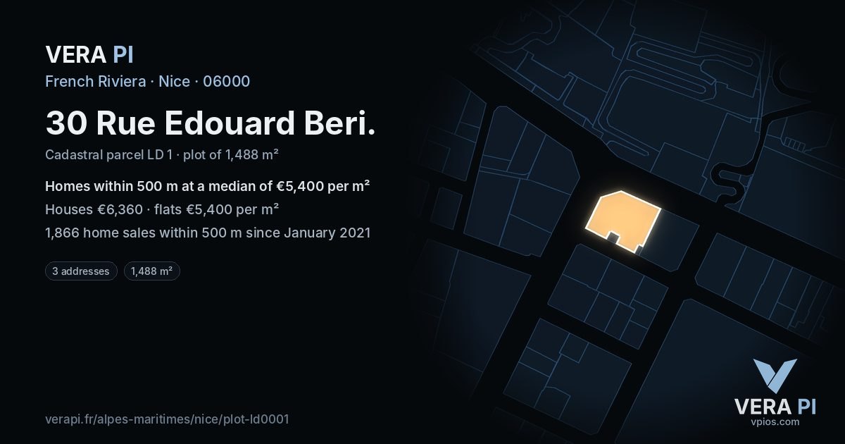 30 Rue Edouard Beri, Nice at night – the plot lit, the parcels around coloured by the prices near them