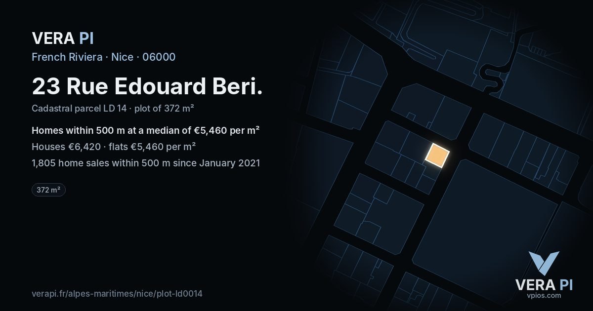 23 Rue Edouard Beri, Nice at night – the plot lit, the parcels around coloured by the prices near them