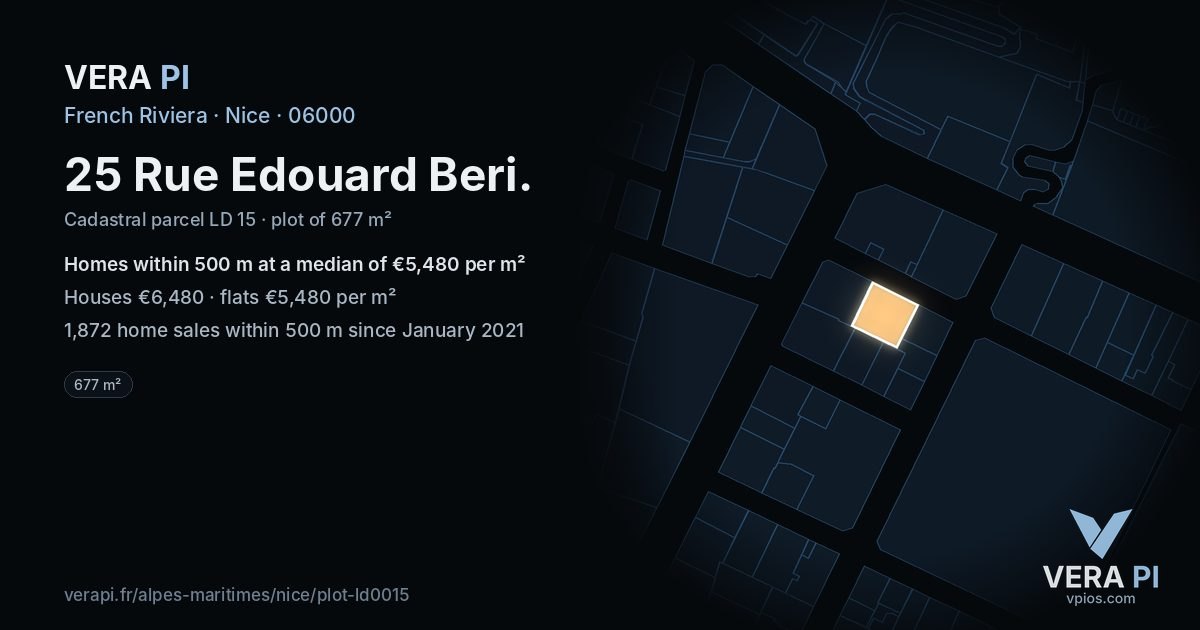 25 Rue Edouard Beri, Nice at night – the plot lit, the parcels around coloured by the prices near them