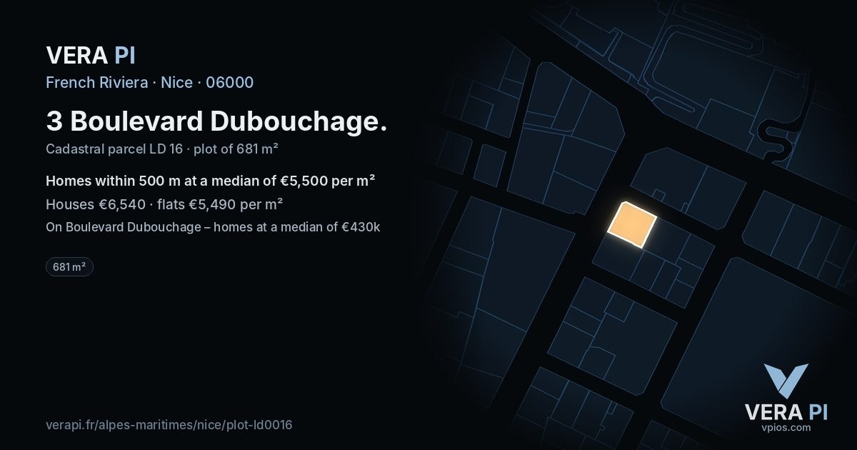 3 Boulevard Dubouchage, Nice at night – the plot lit, the parcels around coloured by the prices near them