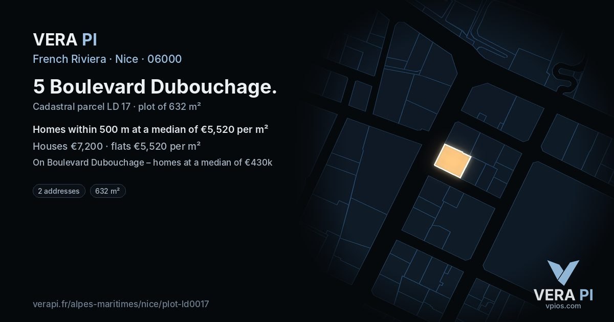 5 Boulevard Dubouchage, Nice at night – the plot lit, the parcels around coloured by the prices near them