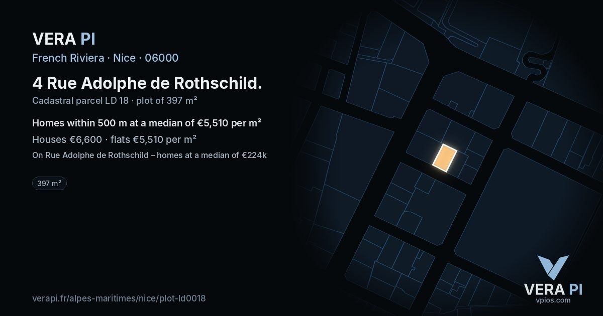 4 Rue Adolphe de Rothschild, Nice at night – the plot lit, the parcels around coloured by the prices near them
