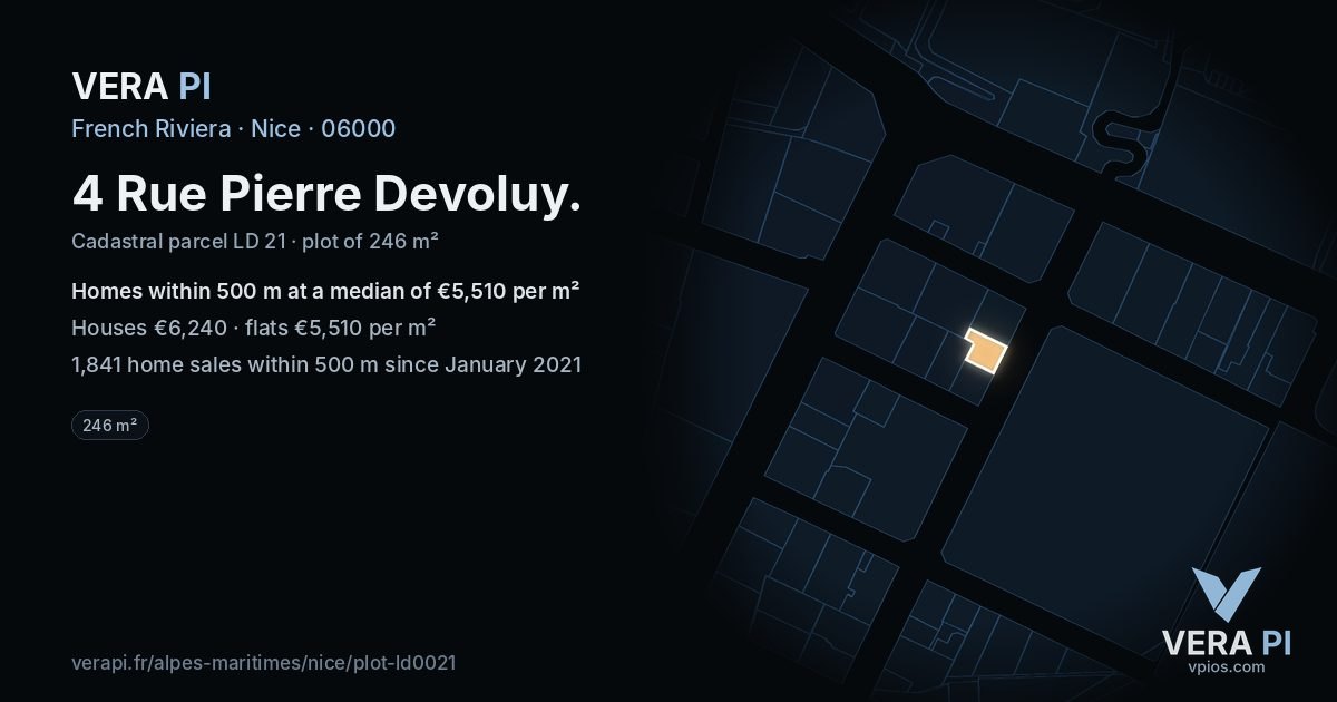 4 Rue Pierre Devoluy, Nice at night – the plot lit, the parcels around coloured by the prices near them