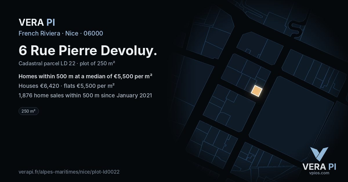 6 Rue Pierre Devoluy, Nice at night – the plot lit, the parcels around coloured by the prices near them