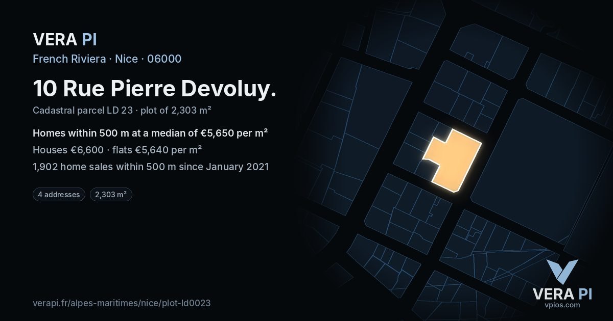 10 Rue Pierre Devoluy, Nice at night – the plot lit, the parcels around coloured by the prices near them