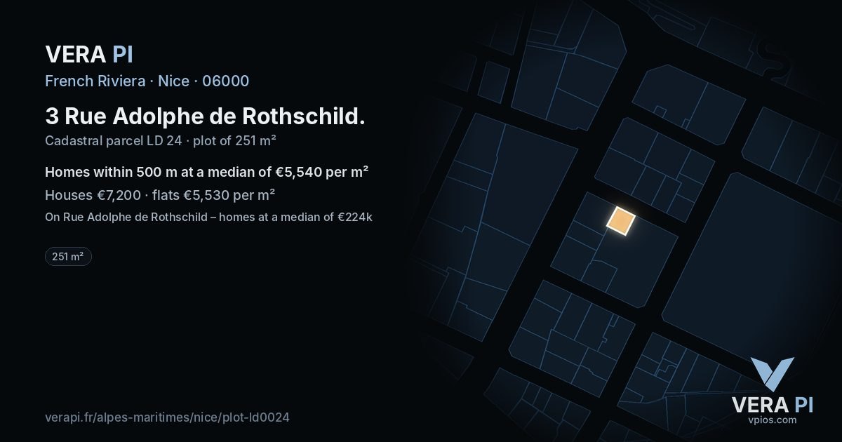 3 Rue Adolphe de Rothschild, Nice at night – the plot lit, the parcels around coloured by the prices near them