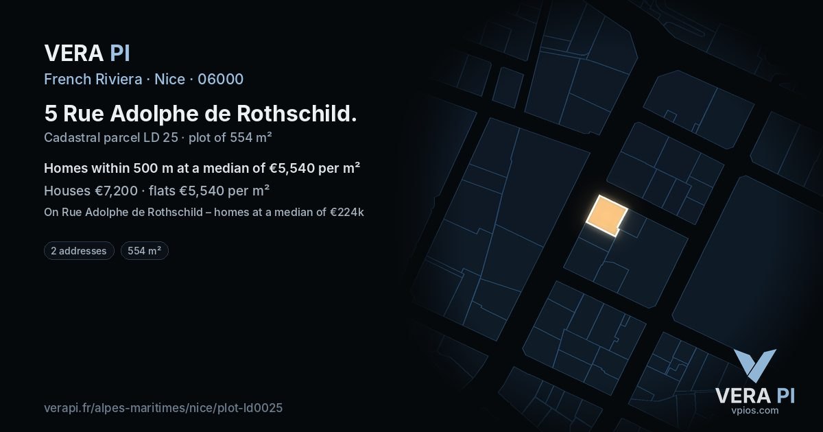 5 Rue Adolphe de Rothschild, Nice at night – the plot lit, the parcels around coloured by the prices near them