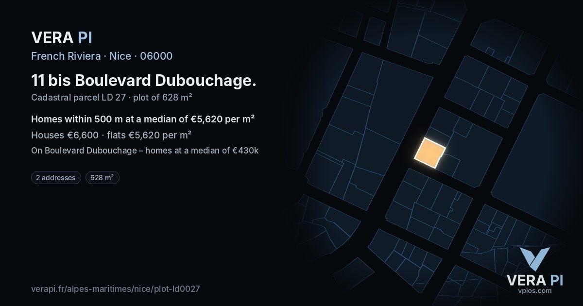 11 bis Boulevard Dubouchage, Nice at night – the plot lit, the parcels around coloured by the prices near them