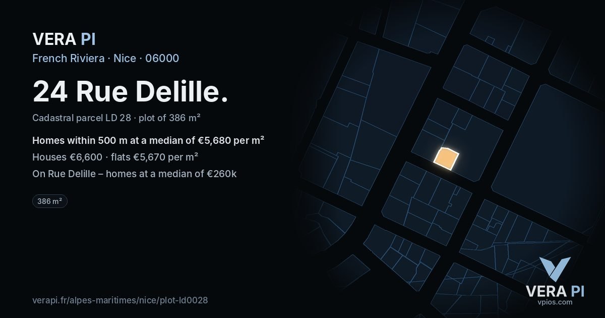 24 Rue Delille, Nice at night – the plot lit, the parcels around coloured by the prices near them