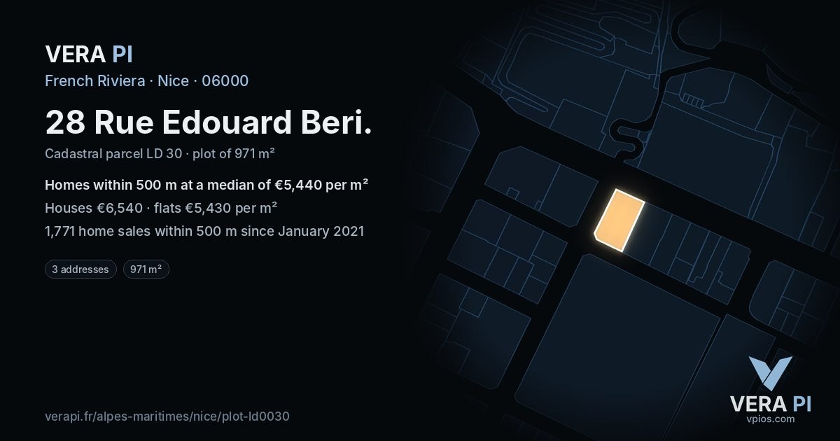 28 Rue Edouard Beri, Nice at night – the plot lit, the parcels around coloured by the prices near them