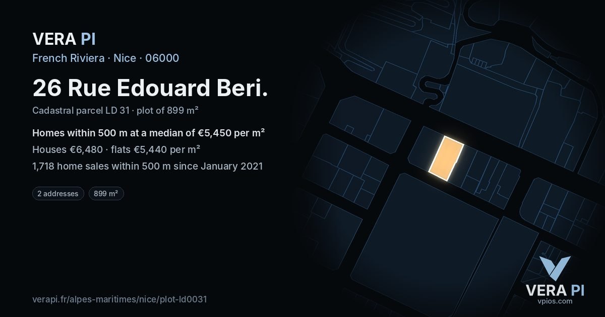 26 Rue Edouard Beri, Nice at night – the plot lit, the parcels around coloured by the prices near them