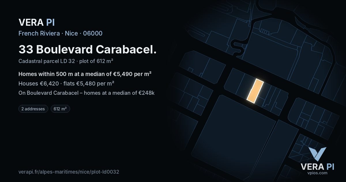 33 Boulevard Carabacel, Nice at night – the plot lit, the parcels around coloured by the prices near them