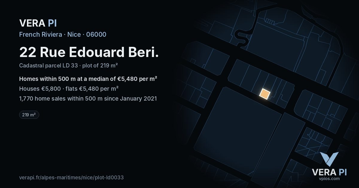 22 Rue Edouard Beri, Nice at night – the plot lit, the parcels around coloured by the prices near them