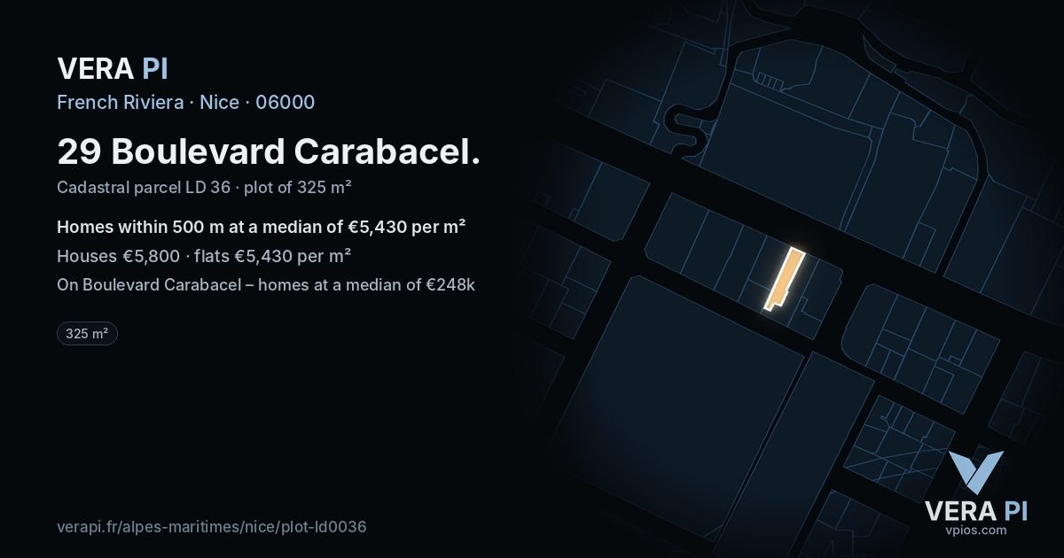 29 Boulevard Carabacel, Nice at night – the plot lit, the parcels around coloured by the prices near them