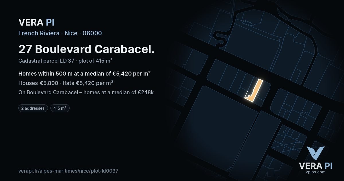 27 Boulevard Carabacel, Nice at night – the plot lit, the parcels around coloured by the prices near them