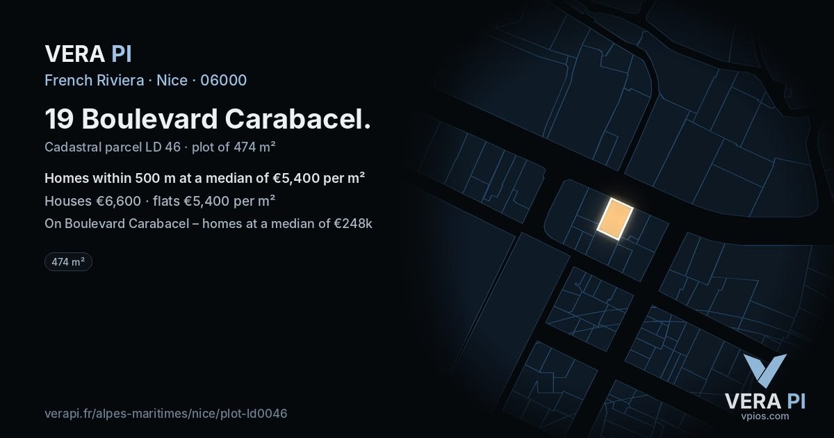 19 Boulevard Carabacel, Nice at night – the plot lit, the parcels around coloured by the prices near them