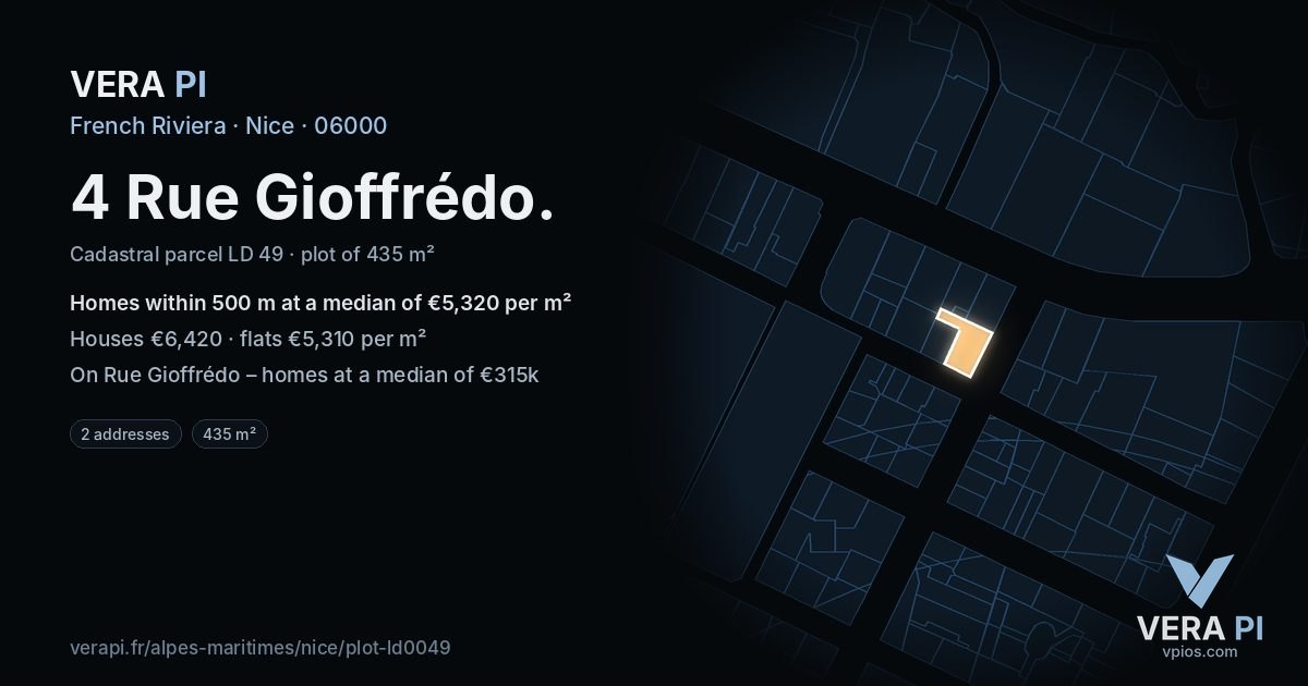 4 Rue Gioffrédo, Nice at night – the plot lit, the parcels around coloured by the prices near them