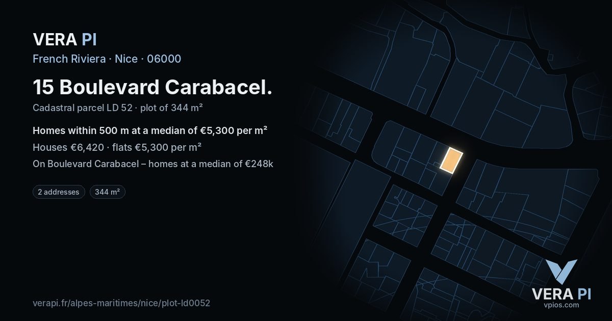 15 Boulevard Carabacel, Nice at night – the plot lit, the parcels around coloured by the prices near them