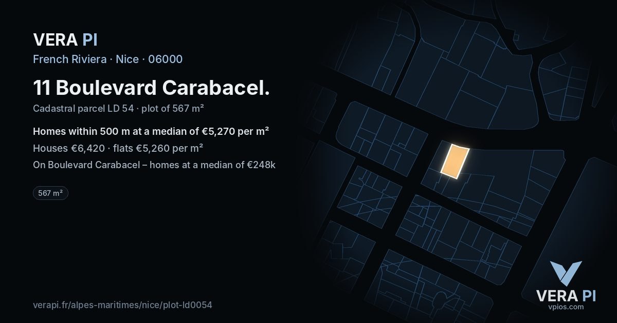 11 Boulevard Carabacel, Nice at night – the plot lit, the parcels around coloured by the prices near them