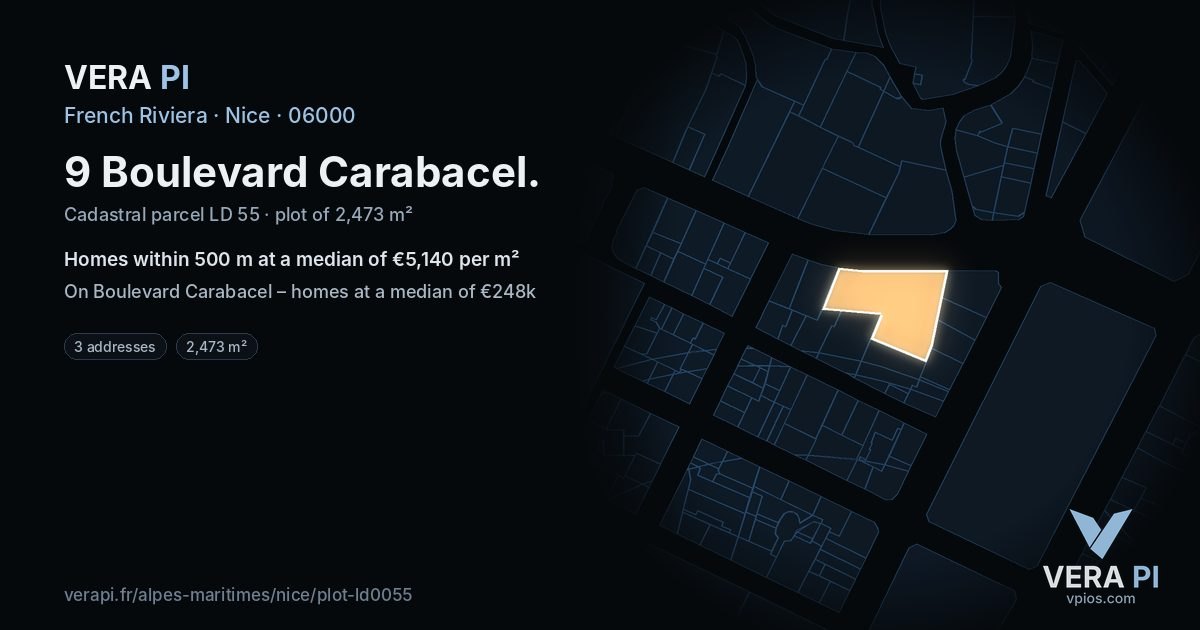 9 Boulevard Carabacel, Nice at night – the plot lit, the parcels around coloured by the prices near them