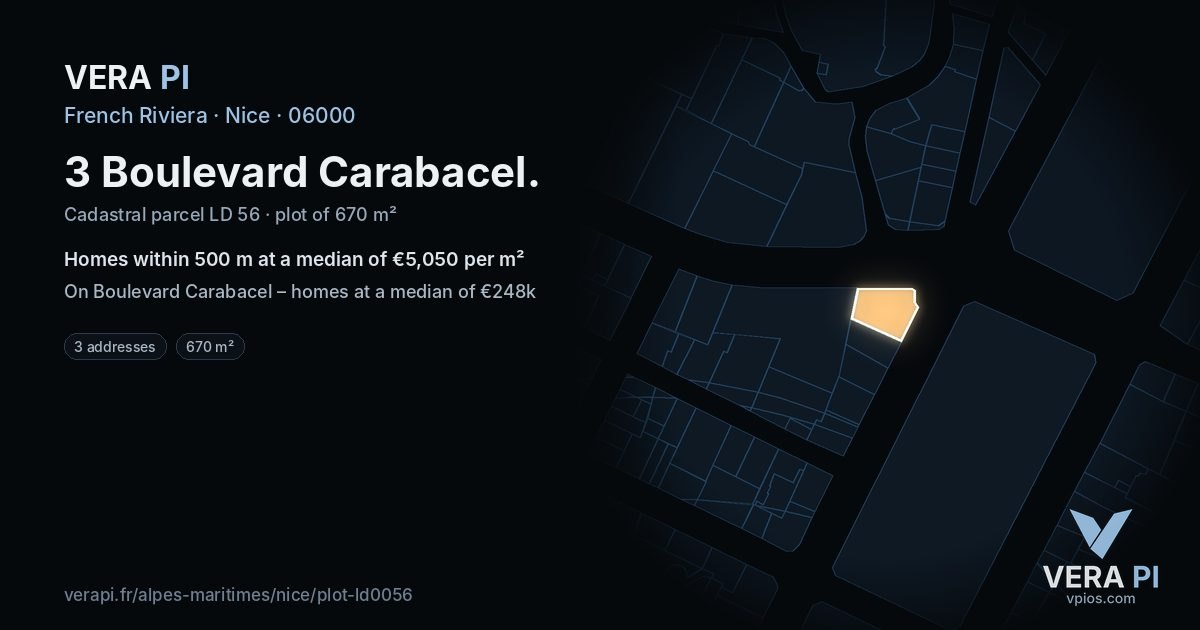 3 Boulevard Carabacel, Nice at night – the plot lit, the parcels around coloured by the prices near them