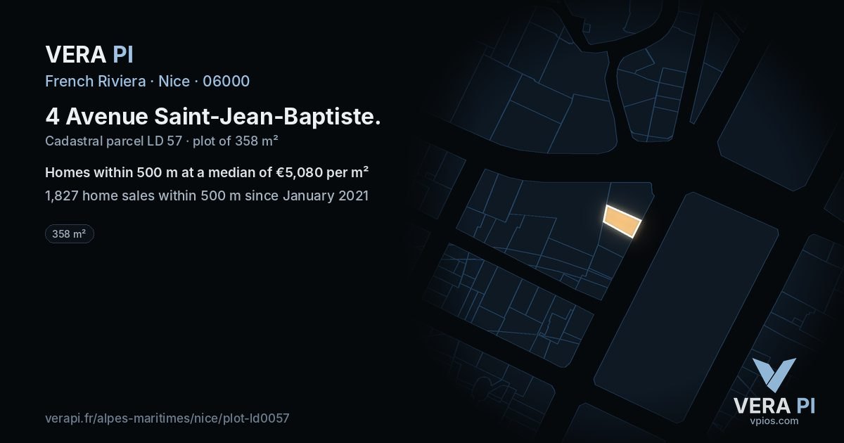 4 Avenue Saint-Jean-Baptiste, Nice at night – the plot lit, the parcels around coloured by the prices near them