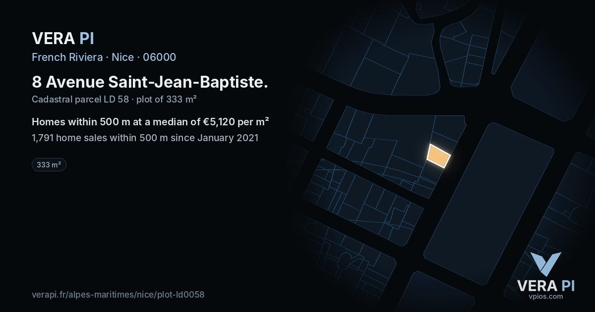 8 Avenue Saint-Jean-Baptiste, Nice at night – the plot lit, the parcels around coloured by the prices near them