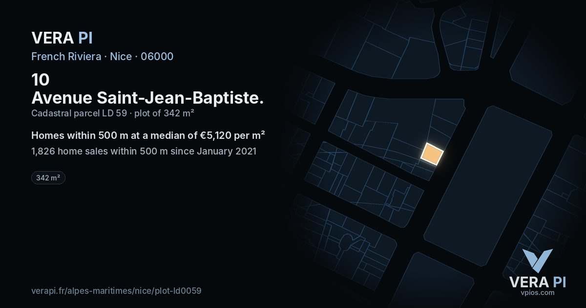 10 Avenue Saint-Jean-Baptiste, Nice at night – the plot lit, the parcels around coloured by the prices near them