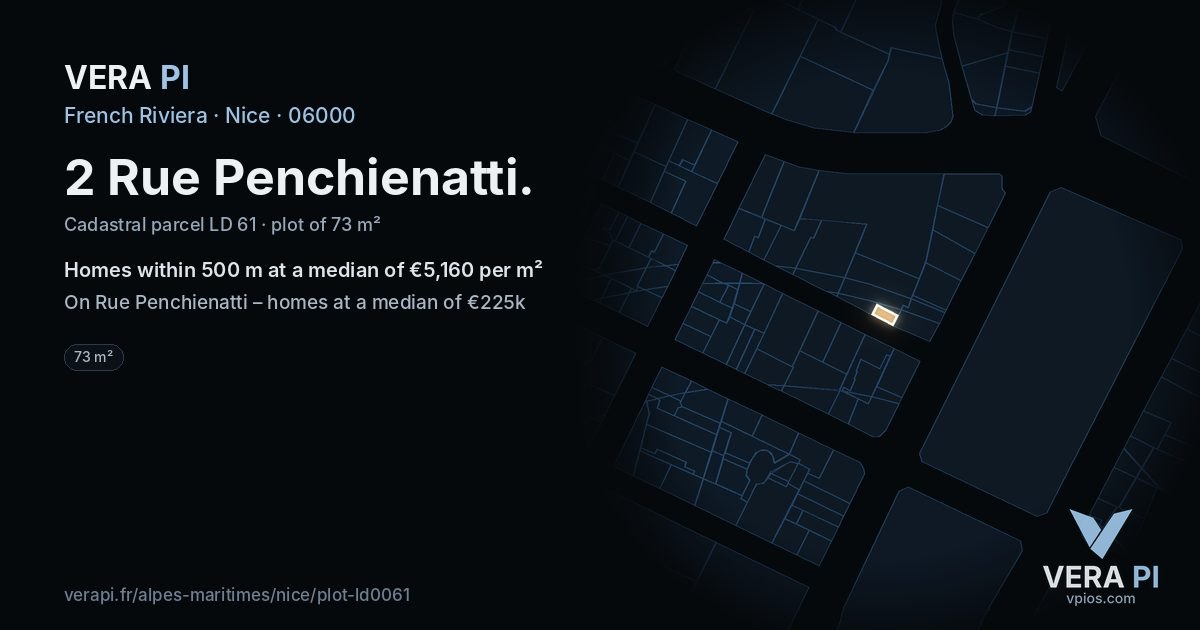 2 Rue Penchienatti, Nice at night – the plot lit, the parcels around coloured by the prices near them