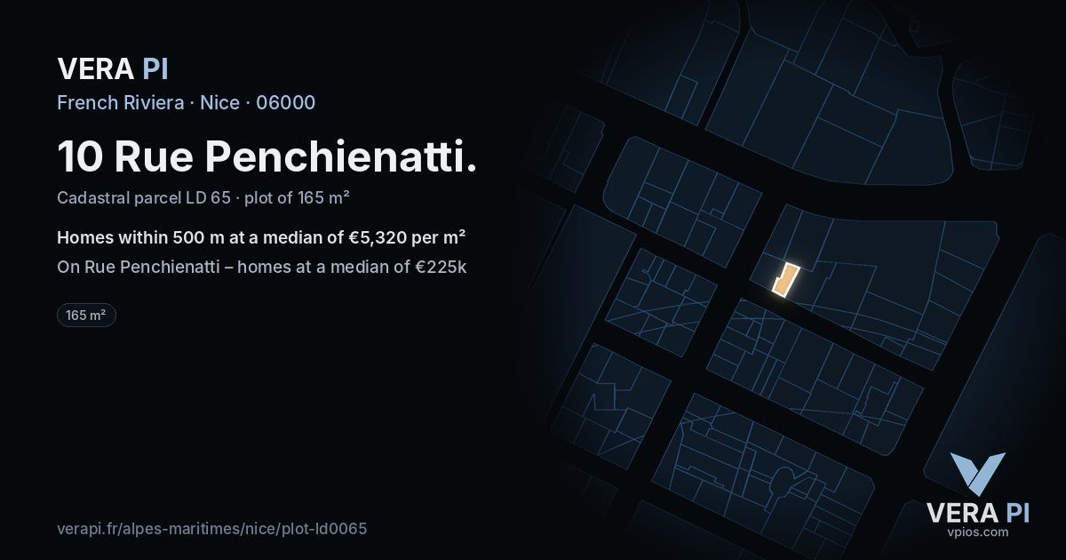 10 Rue Penchienatti, Nice at night – the plot lit, the parcels around coloured by the prices near them