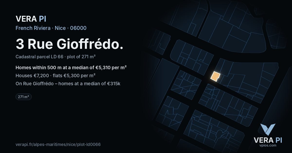 3 Rue Gioffrédo, Nice at night – the plot lit, the parcels around coloured by the prices near them