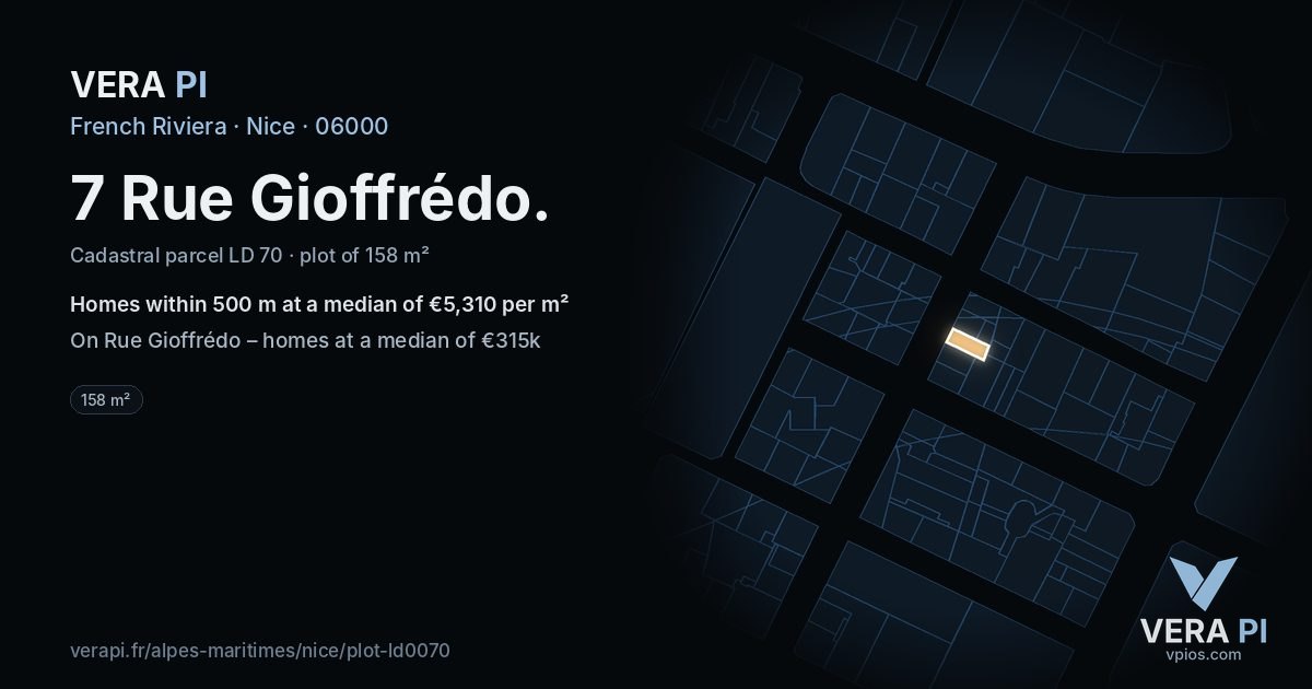 7 Rue Gioffrédo, Nice at night – the plot lit, the parcels around coloured by the prices near them