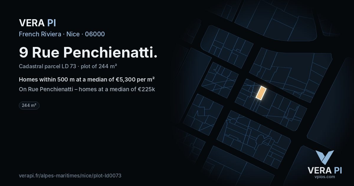 9 Rue Penchienatti, Nice at night – the plot lit, the parcels around coloured by the prices near them