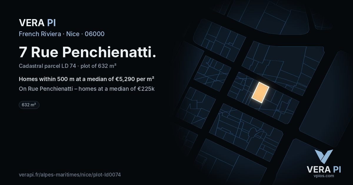 7 Rue Penchienatti, Nice at night – the plot lit, the parcels around coloured by the prices near them