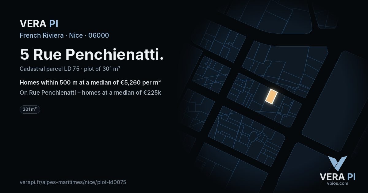 5 Rue Penchienatti, Nice at night – the plot lit, the parcels around coloured by the prices near them