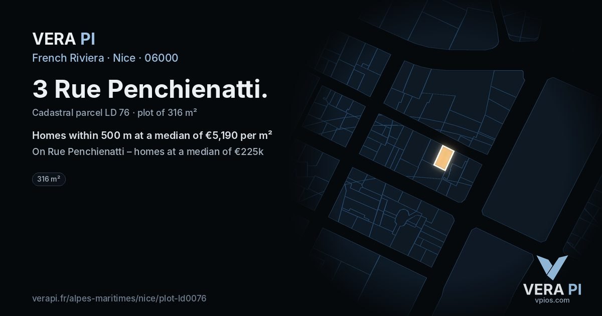 3 Rue Penchienatti, Nice at night – the plot lit, the parcels around coloured by the prices near them