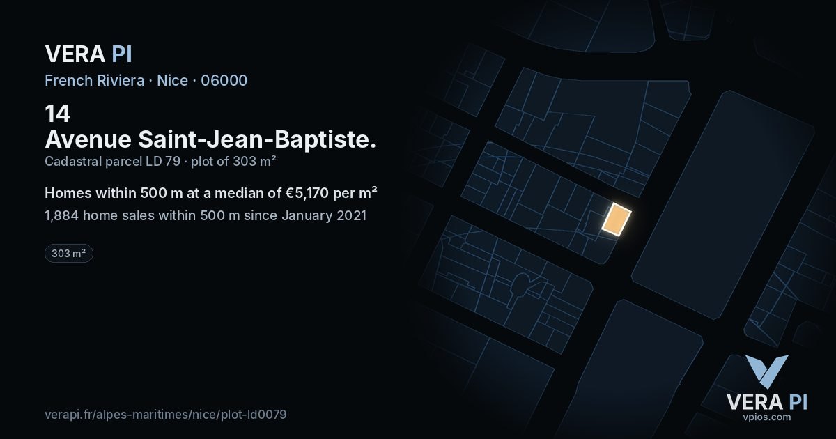 14 Avenue Saint-Jean-Baptiste, Nice at night – the plot lit, the parcels around coloured by the prices near them