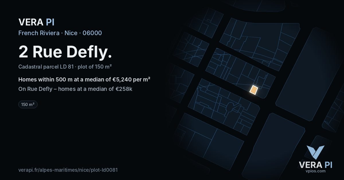 2 Rue Defly, Nice at night – the plot lit, the parcels around coloured by the prices near them