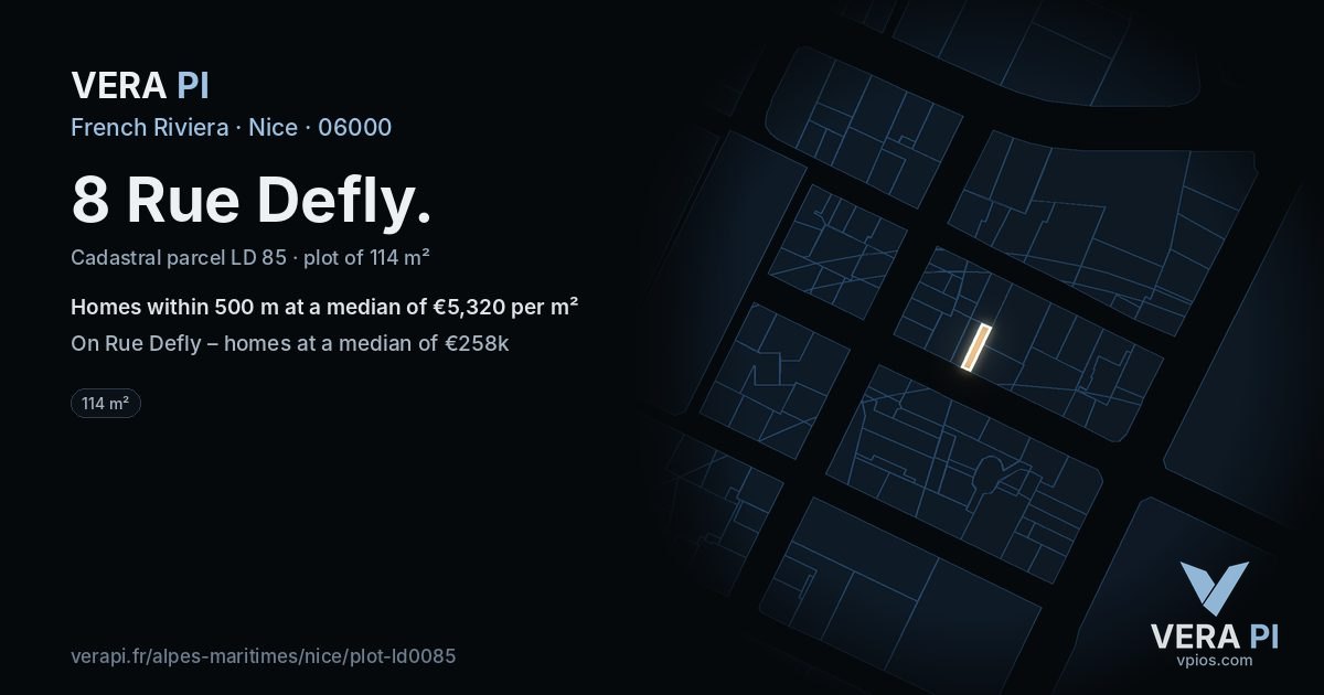 8 Rue Defly, Nice at night – the plot lit, the parcels around coloured by the prices near them