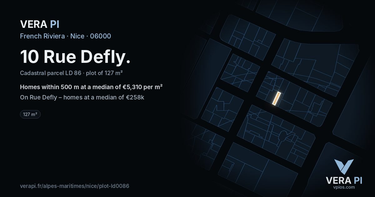 10 Rue Defly, Nice at night – the plot lit, the parcels around coloured by the prices near them
