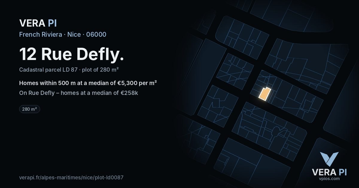12 Rue Defly, Nice at night – the plot lit, the parcels around coloured by the prices near them
