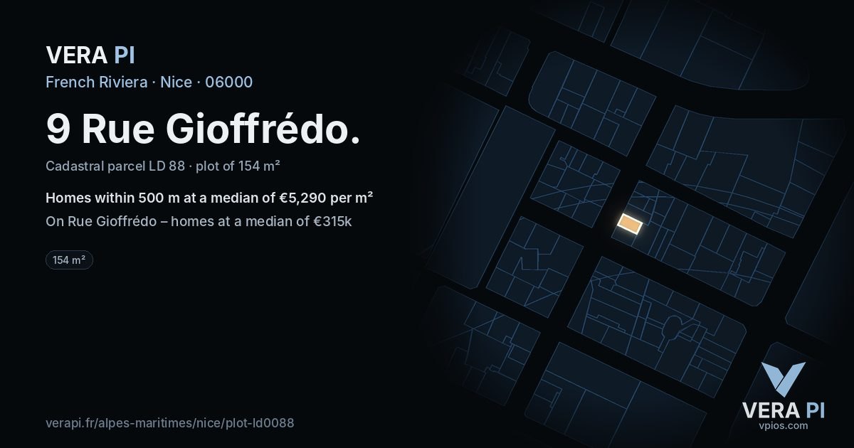 9 Rue Gioffrédo, Nice at night – the plot lit, the parcels around coloured by the prices near them