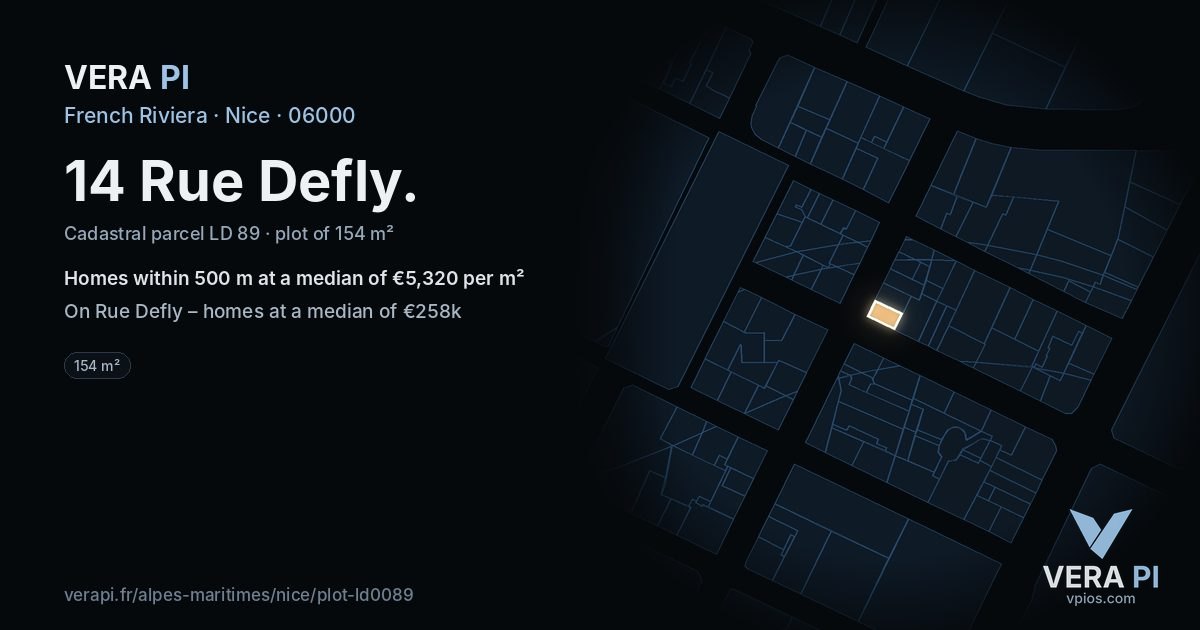 14 Rue Defly, Nice at night – the plot lit, the parcels around coloured by the prices near them