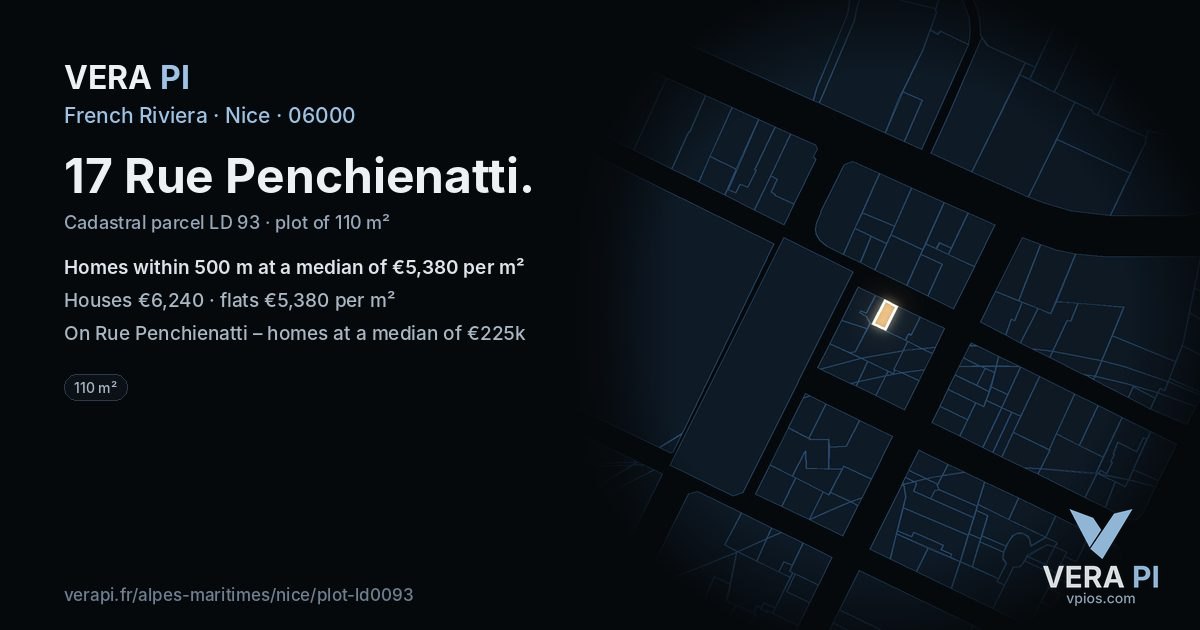 17 Rue Penchienatti, Nice at night – the plot lit, the parcels around coloured by the prices near them