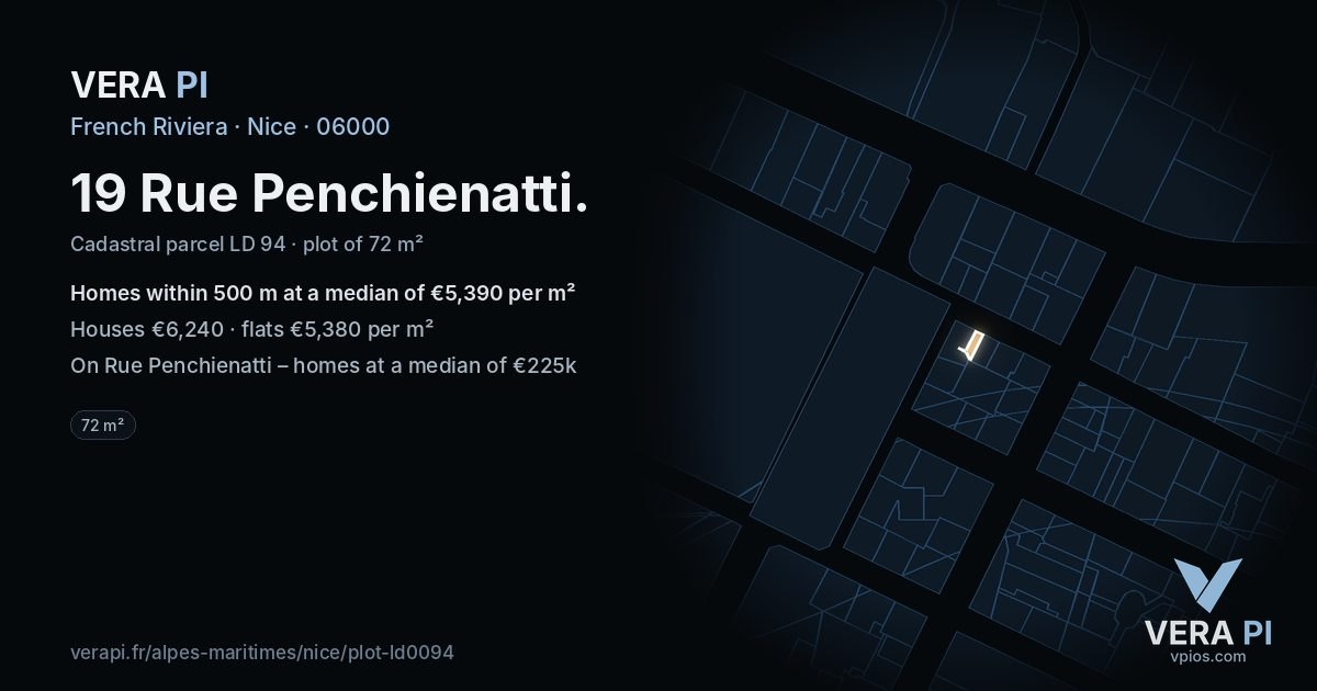 19 Rue Penchienatti, Nice at night – the plot lit, the parcels around coloured by the prices near them