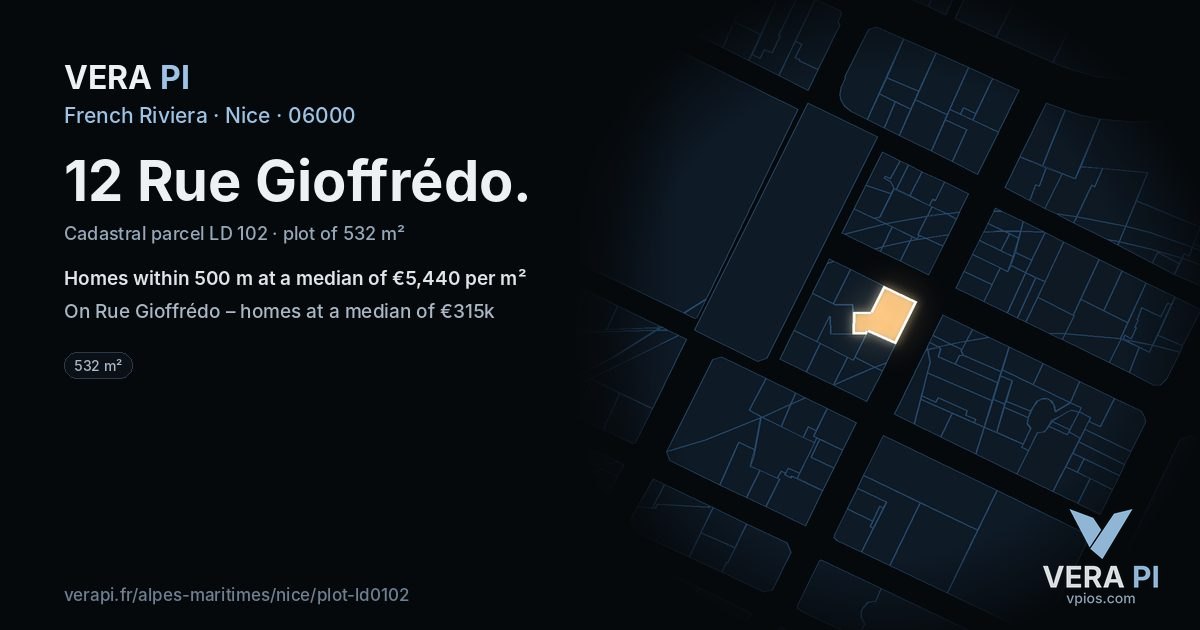 12 Rue Gioffrédo, Nice at night – the plot lit, the parcels around coloured by the prices near them