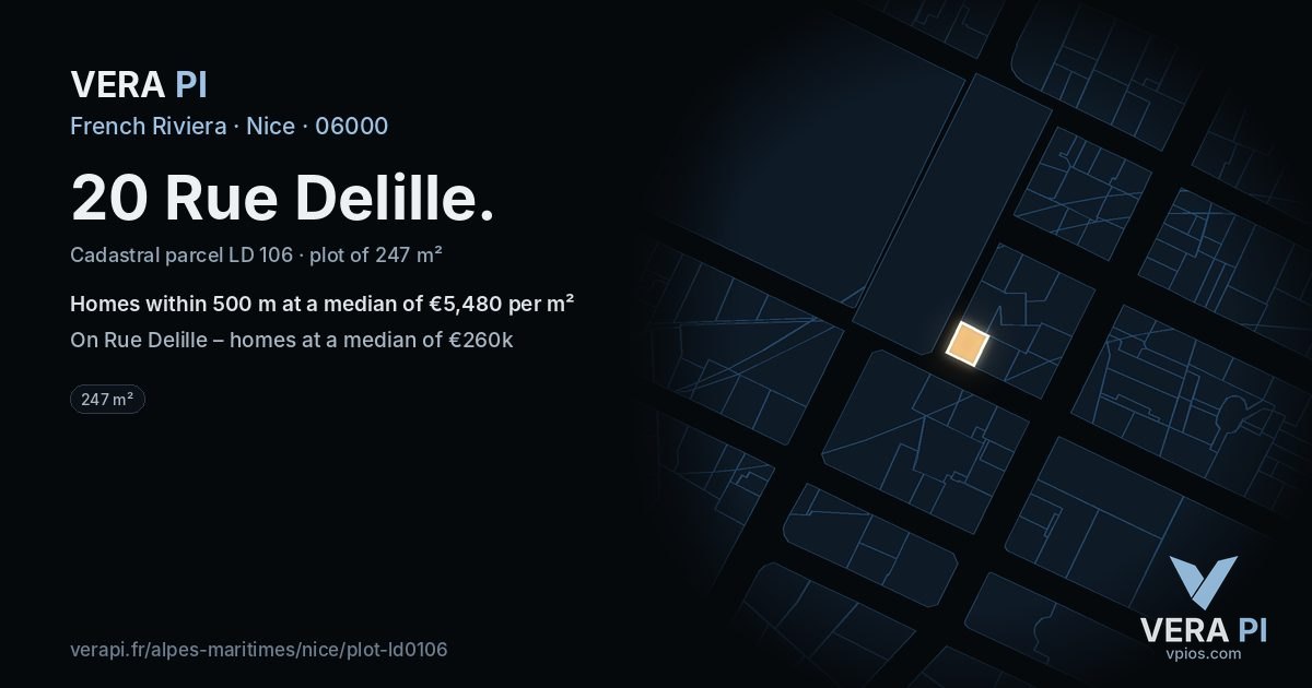 20 Rue Delille, Nice at night – the plot lit, the parcels around coloured by the prices near them